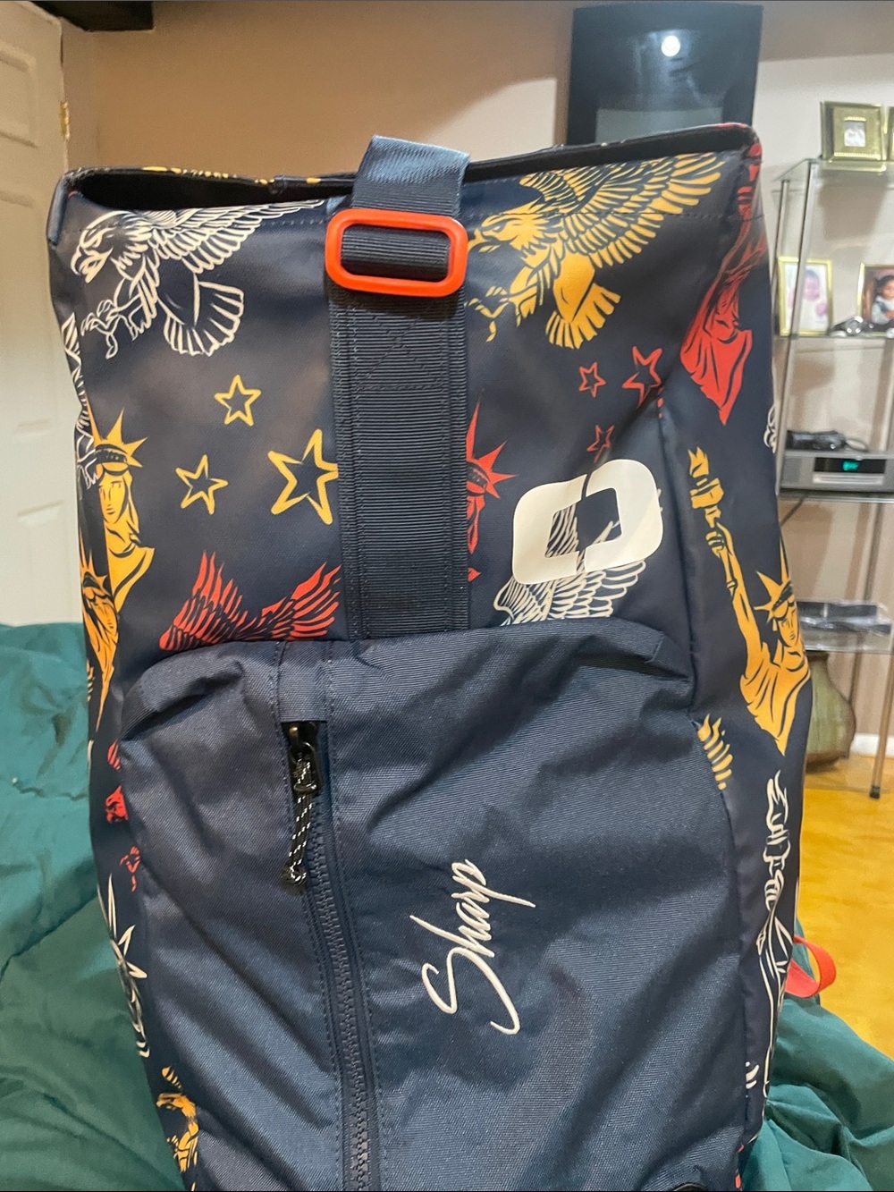 Navy Graphic Roll-Top Backpack with Red & Gold Accents